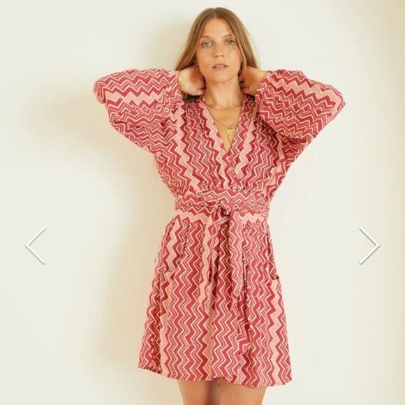 Natalie Martin Nico L/S Mini hand dyed batik wrap dress red pink size medium M - Picture 3 of 16